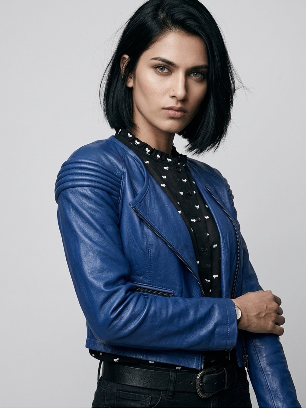 CUT25 Yigal Azrouel Cobalt Blue Lamb Leather Sculpted Shoulder Moto Jacket